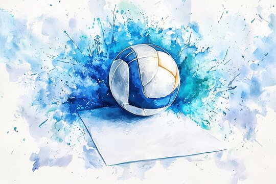 Vibrant watercolor illustration of a volleyball on a textured surface with dynamic blue paint splashes