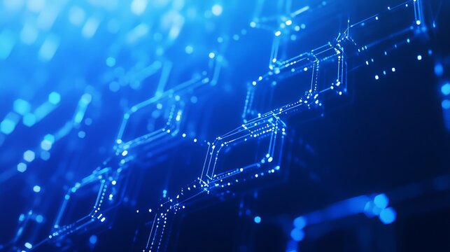 Abstract hexagons with sci-fi elements on a blue backdrop form a panoramic sci-fi template for presentations or banners. Embodies the ideas of advanced digital technology