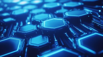 Fototapeta premium Abstract hexagons with sci-fi elements on a blue backdrop form a panoramic sci-fi template for presentations or banners. Embodies the ideas of advanced digital technology