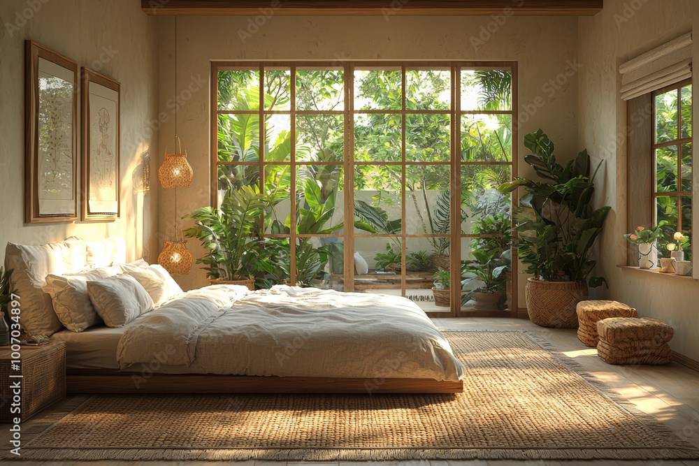 Poster a bedroom with a calming color palette and soft textures, creating an ideal environment for sleep. c