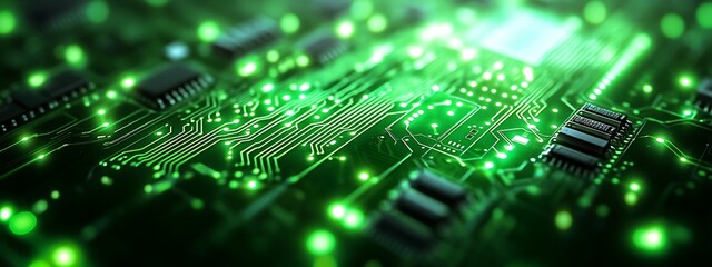 Obraz premium a glowing green circuit board with intricate pathways and connectors.