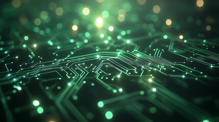 Fototapeta premium a glowing green circuit board with intricate pathways and connectors.
