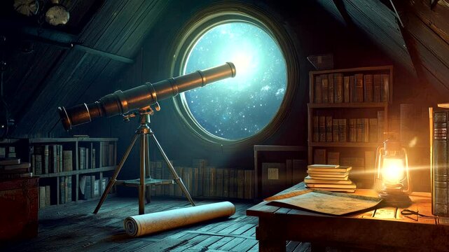 Old attic with telescope pointing towards the night sky and stars. Seamless looping 4k video background