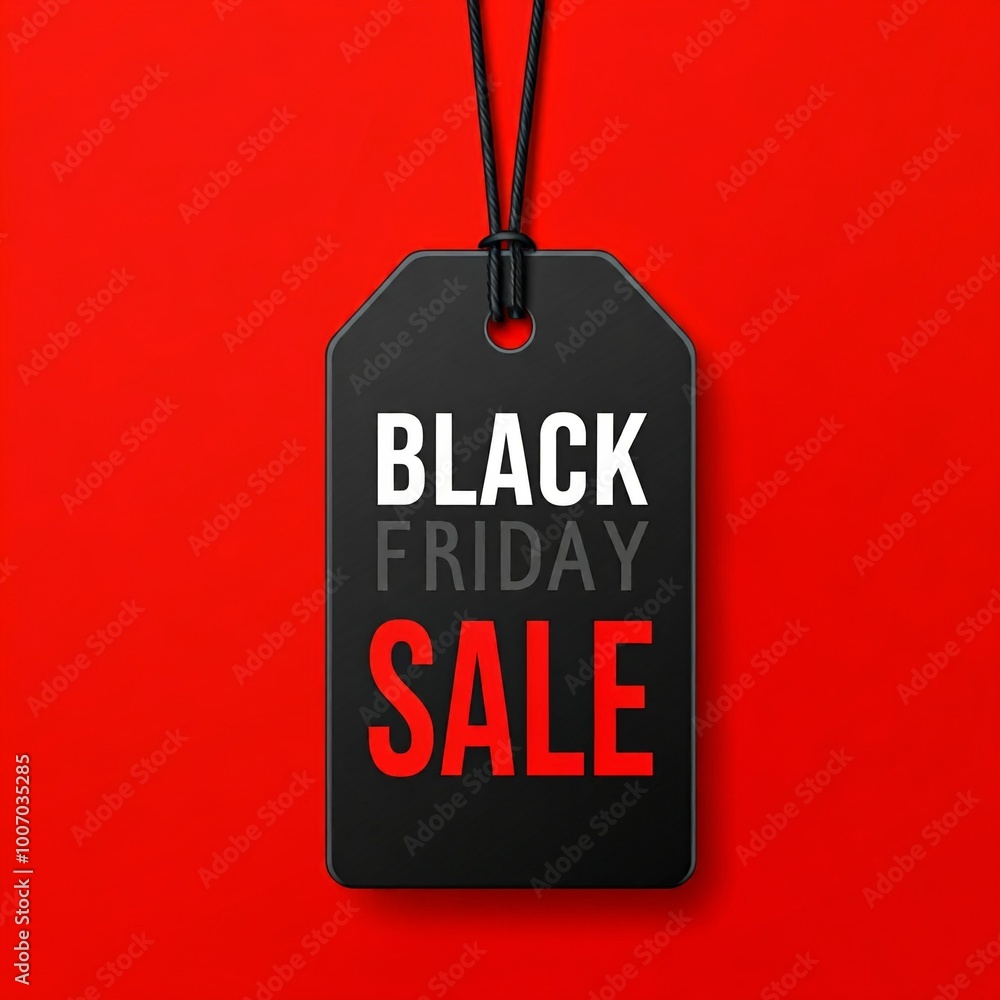 Poster a rectangular black tag with a hole at the top, suspended by a black string, centered against a soli