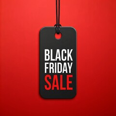 A rectangular black tag with a hole at the top, suspended by a black string, centered against a solid red background. Subject: The tag features bold, white uppercase text reading 'BLACK FRIDAY'