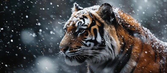 Obraz premium A majestic tiger stands in the snow, looking off to the side. The snowflakes are falling around it, creating a beautiful winter scene.