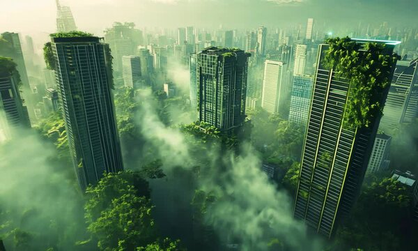 気候変動後の未来の地球-大気汚染対策に緑でビルを覆った大都市をドローンで空撮