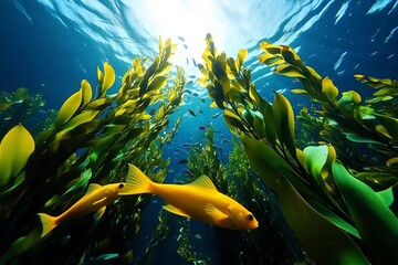 A wide underwater view of a kelp forest, with towering kelp plants reaching up from the ocean floor and fish weaving through the natural underwater landscape.