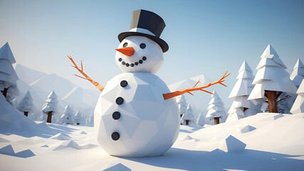 A cheerful low-poly snowman composed of perfectly round polygons stacked together, with a simple, angular carrot nose, buttons, and twig arms