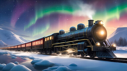 A fantastical wallpaper showing a steam locomotive of the Polar Express cutting through a snow-covered landscape under the Northern Lights