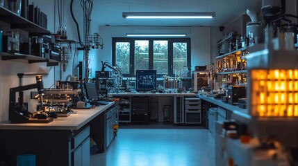 Obraz premium High-tech laboratory featuring advanced equipment and workstations in natural light