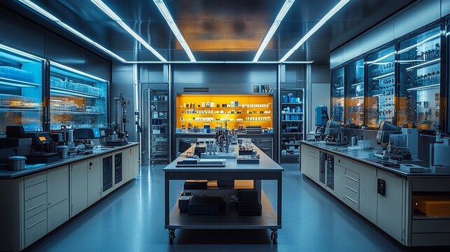 A well-equipped laboratory features illuminated shelves filled with various scientific supplies