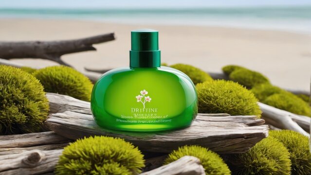 A green perfume bottle placed on natural elements by the beach, emphasizing freshness and nature.