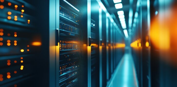 close-up view on server rack with data and connection lights in dark room background, abstract blurred banner for web design or graphic presentation