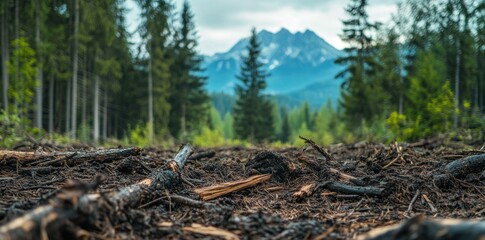 A forest with a mountain in the background