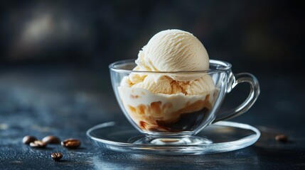 Scoop of vanilla ice cream on top of an affogato, a coffee-based dessert, in a clear glass cup with a matching saucer, set against a dark background with scattered coffee beans