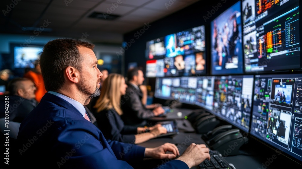 Poster a team of dedicated operators works intently at their desks filled with monitors displaying complex 