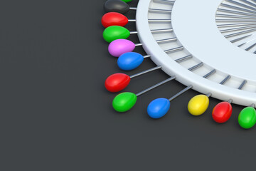 Colorful sewing pins in plastic holder on a black background. Set of rainbow needles. Tailor tool. Handicraft accessories. Copy space. 3d render