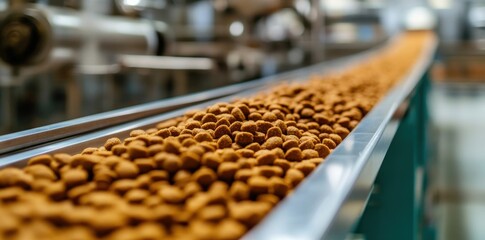 Close up of dog food on a conveyor belt in a pet cushion production factory. Concept Production Process, Ingredients Used, Packaging Methods, Quality Control, Sustainability Initiatives