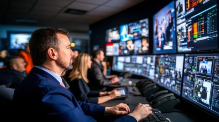 A team of dedicated operators works intently at their desks filled with monitors displaying complex data, highlighting their focus and collaboration in the control room