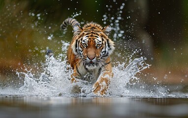 Siberian tiger low angle photo  in the water with a splash