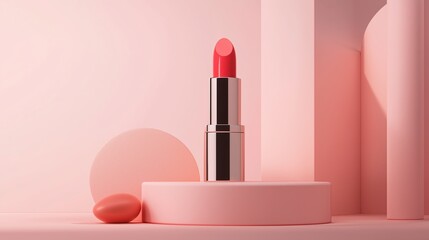 A vibrant pink lipstick elegantly placed on a soft pink pedestal in a minimalistic setting, showcasing its color and design