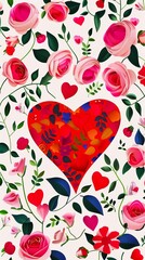 Romantic floral heart design with vibrant roses and leaves