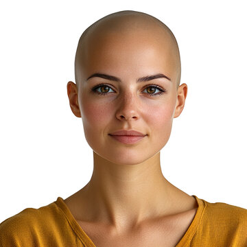 Beautiful young woman with bald head after chemotherapy isolated on transparent background