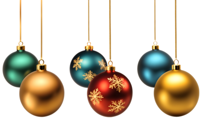 Conjunto de bolas de natal azul, verde, vermelho e dourado, lindas bolinha de natalinas  para decoração isolado em fundo transparente.