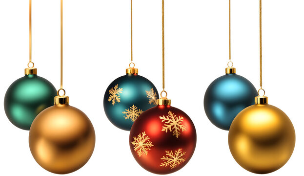 Conjunto de bolas de natal azul, verde, vermelho e dourado, lindas bolinha de natalinas  para decora&ccedil;&atilde;o isolado em fundo transparente.