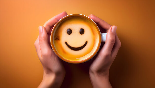 Woman hand holding a cup of hot coffee with a milk foam smiley on top