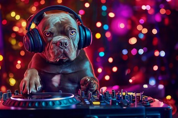 A pitbull puppy wearing headphones, standing behind a DJ turntable, colorful lights glowing in the background, a playful and humorous scene, selective focus