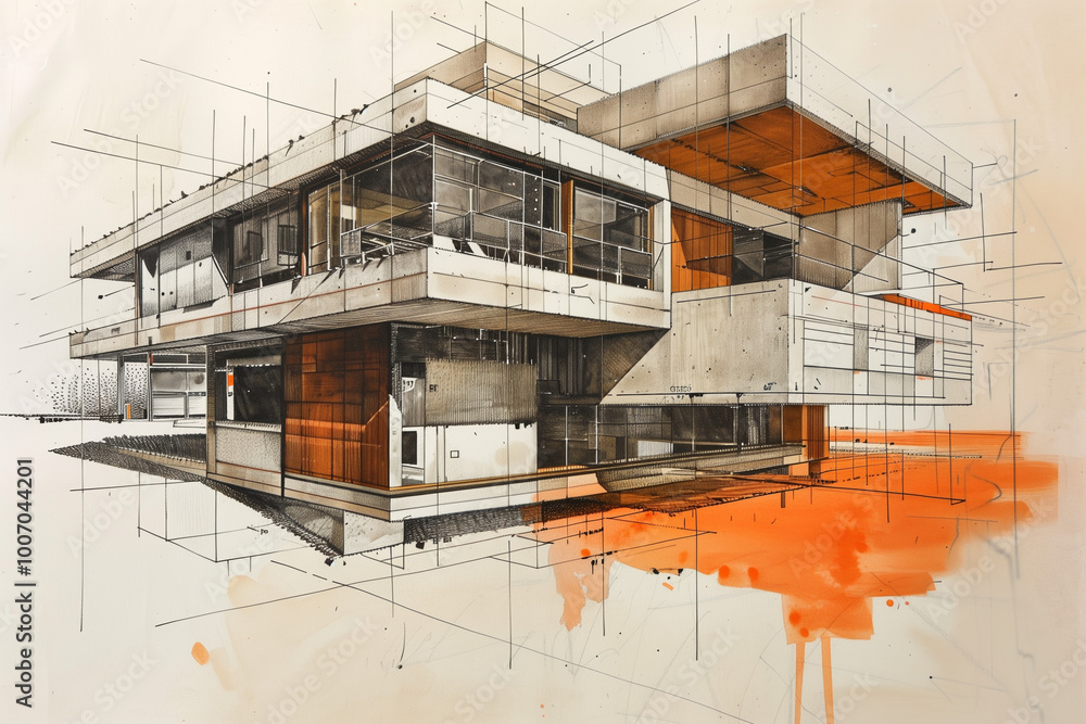 Wall mural a drawing of an architectural sketch of modern architecture.