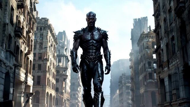 Huge alien robot fighting walking on the streets