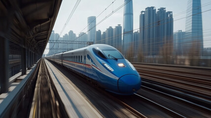 High-speed train elegantly gliding through the vibrant Chinese cityscape on a sunlit day, showcasing modern transportation at its finest