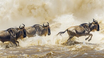 Wildebeests are crossing river Great Migration
