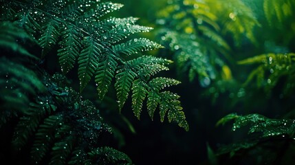 A detailed close-up of fern leaves adorned with dewdrops, showcasing a soft, botanical texture that beautifully captures the essence of autumn. The delicate droplets enhance the lush green tones