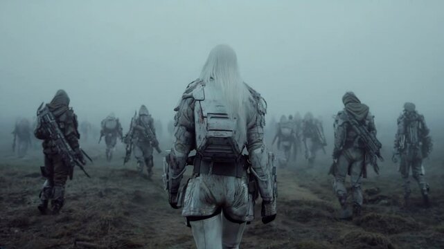 White long hair soldier walking on a wasteland