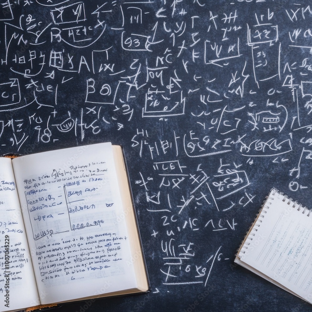 Poster classroom chalkboard with open notebook and equations