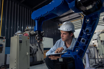 Engineer standing by robotic arm and operating machine in industry factory, technician worker check for repair maintenance electronic operation
