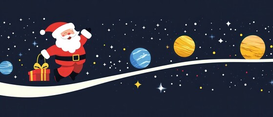 A cartoon of Santa Claus holding a present and flying through space