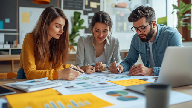 Young professionals collaborating on strategic business analysis in a modern office setting, showcasing teamwork and innovation