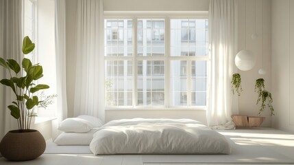 Bright and airy bedroom with large windows, light curtains, and minimalist decor