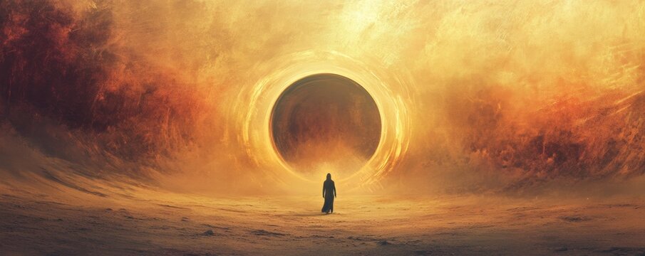 Mysterious figure approaching a glowing portal in a desert landscape, surreal concept