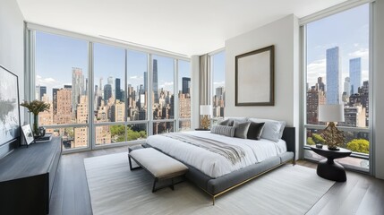 Bright and airy modern bedroom with floor-to-ceiling windows and a plush bed with crisp linens