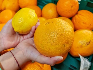 lemon and orange in hands