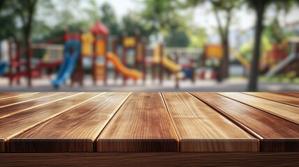 Empty wooden table top with blurred playground backdrop. Use this shot for product promotion, display or montage. 