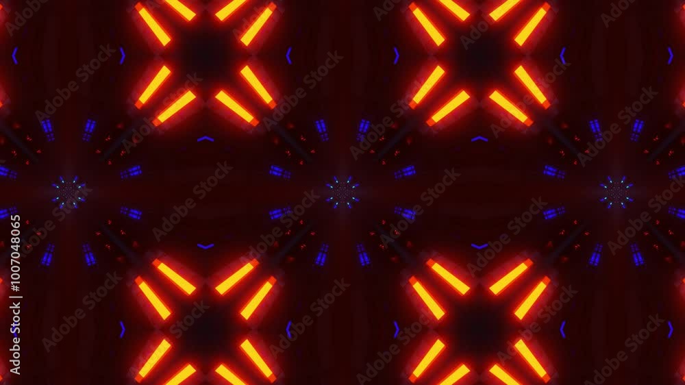 Poster abstract looping animated background. moving kaleidoscope patterns with orange and blue glow. 3d ren
