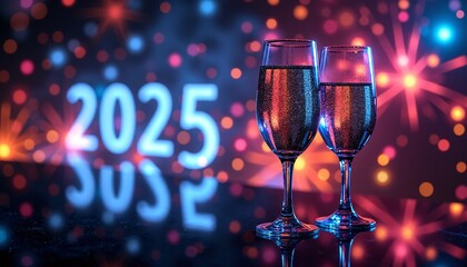 Neon-drenched New Year’s Eve celebration. Exploding fireworks in a rainbow of colours illuminate a futuristic cityscape