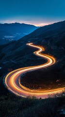 Winding mountain road with light trails at dusk, scenic travel concept